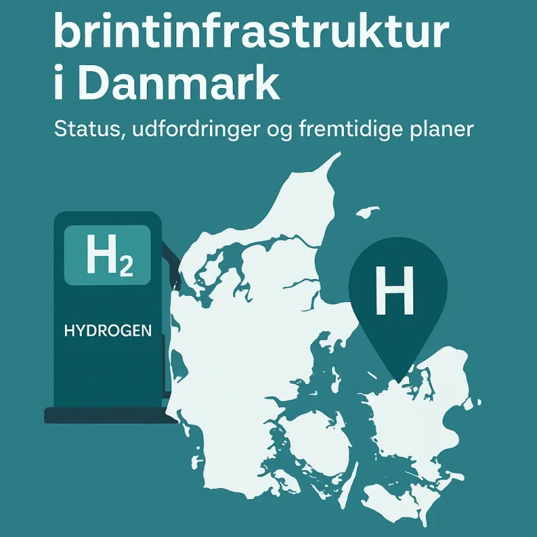 Infografik der viser brintinfrastruktur i Danmark med fokus på status, udfordringer og fremtidige planer for brinttankstationer.