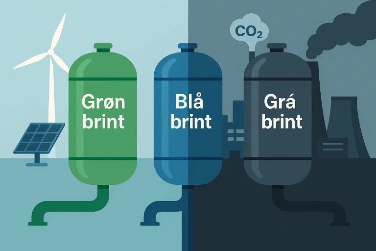 Illustration der viser forskellen på grøn, blå og grå brint ud fra deres produktionsmetoder