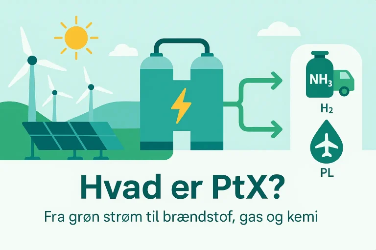 Infografik der forklarer Power-to-X (PtX) med grøn strøm fra vindmøller og solceller, der omdannes til brint, ammoniak og bæredygtigt brændstof.