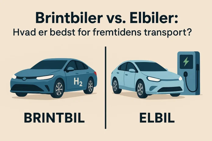 Infografik der sammenligner brintbiler og elbiler – elbil ved ladestander og brintbil ved H₂-tank, med fokus på fremtidens grønne transport.