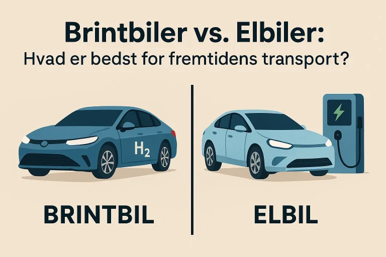 Infografik der sammenligner brintbiler og elbiler – elbil ved ladestander og brintbil ved H₂-tank, med fokus på fremtidens grønne transport.